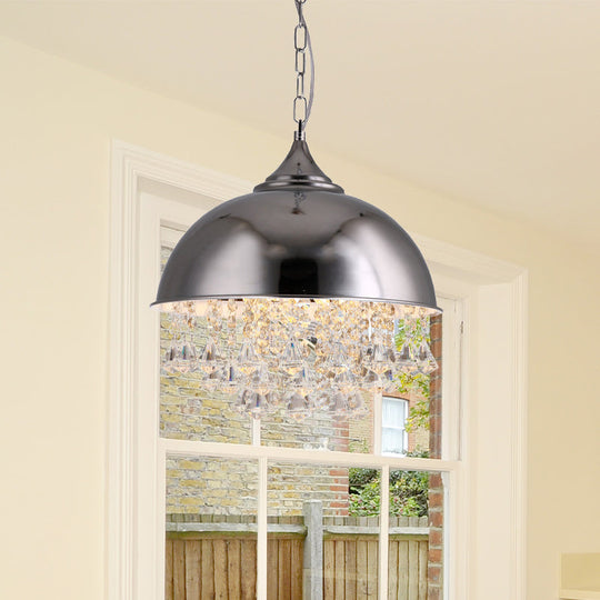 Industrial Dome Pendant Light With Crystal Bead Black/Chrome Metal Hanging Fixture