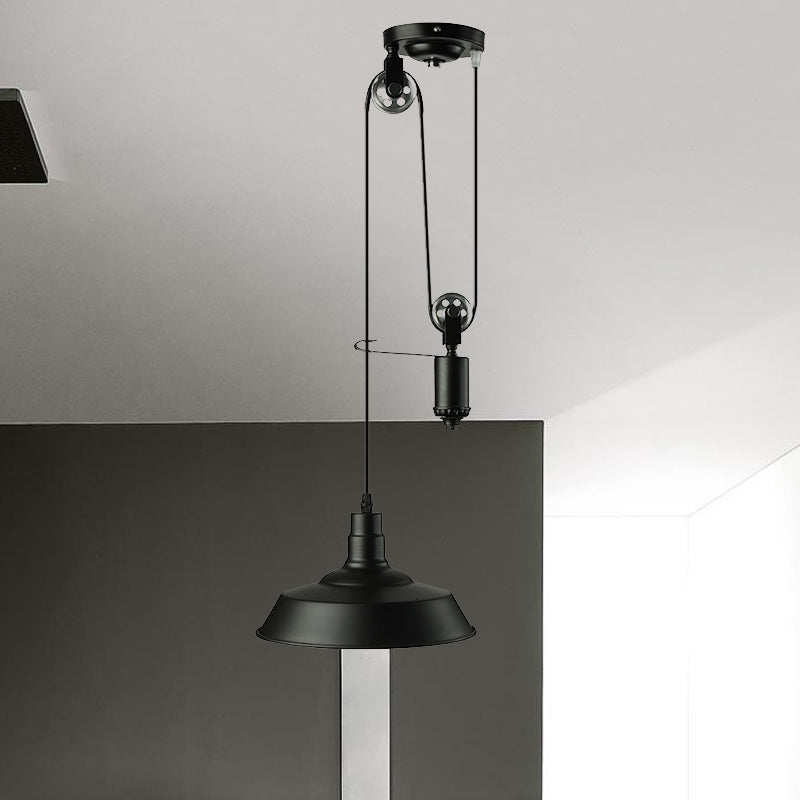 Farmhouse Pulley Pendant Light With Barn Shade - 1 Bulb Metallic Hanging Lamp In Black