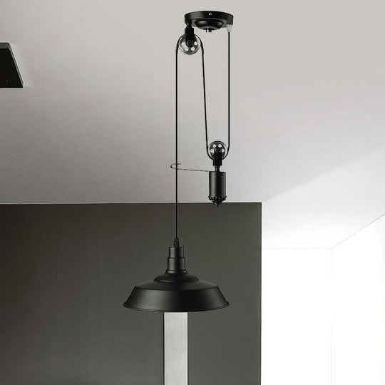 Farmhouse Pulley Pendant Light With Barn Shade - 1 Bulb Metallic Hanging Lamp In Black
