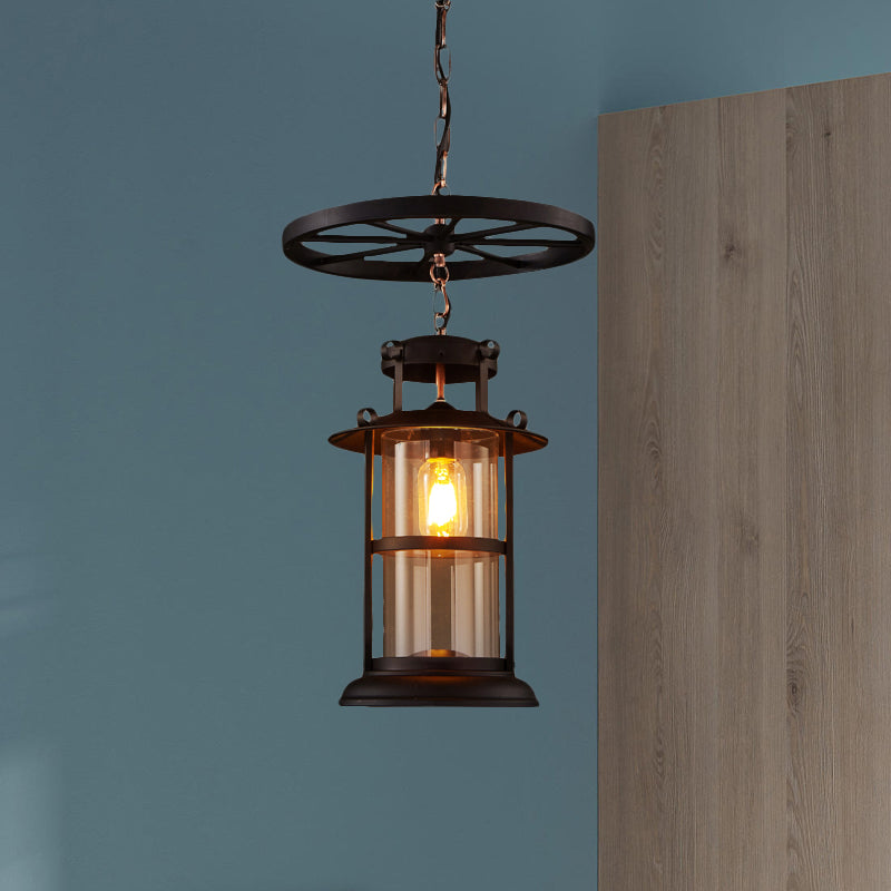 Farmhouse Black Single Light Pendant Ceiling With Clear Glass Cylinder And Iron Wheel Fixture