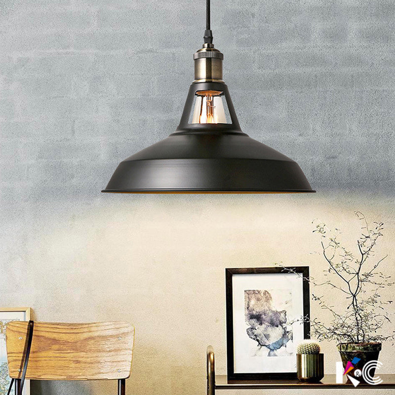 Industrial Metal Pendant Lamp: Barn-Style Shade 1 Light Black/White Ceiling Fixture With Hanging
