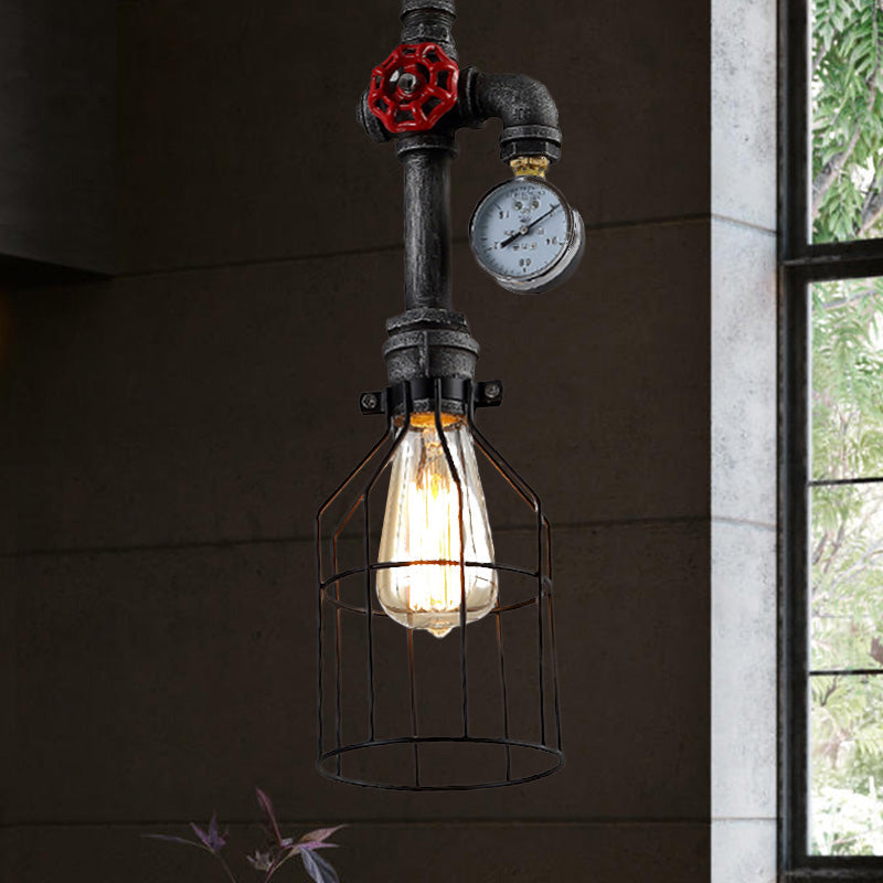 Black Iron Hanging Lamp With Wire Guard Gauge And Valve - Industrial Style