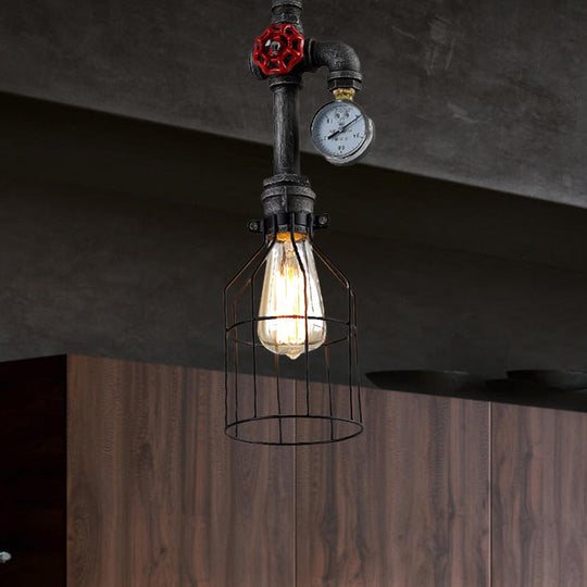 Black Iron Hanging Lamp With Wire Guard Gauge And Valve - Industrial Style