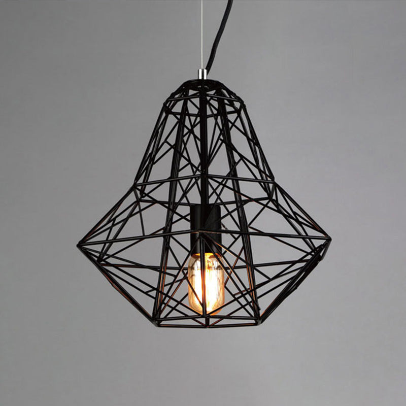 Metallic Industrial Cage Diamond Pendant Lighting - Black/White 1 Head For Dining Room 16’/19.5’ Dia