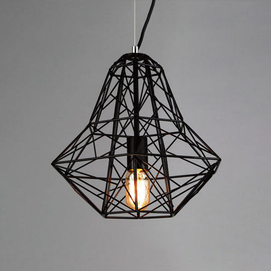 Metallic Industrial Cage Diamond Pendant Lighting - Black/White 1 Head For Dining Room 16’/19.5’ Dia