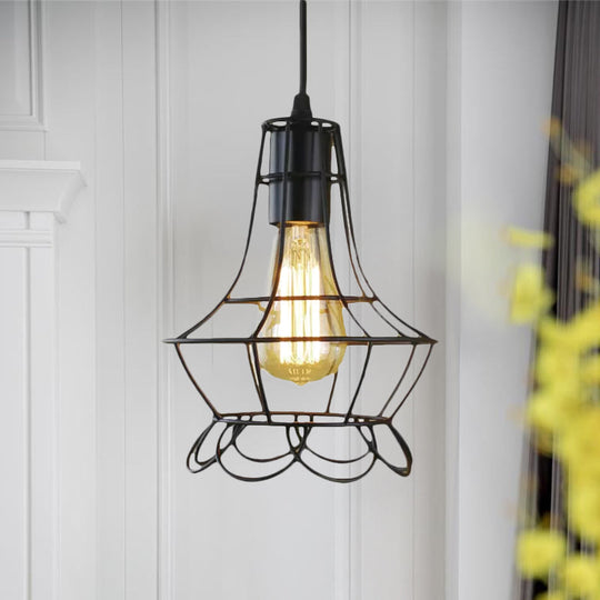 Industrial Metal Pendant Lighting With Height Adjustable Flower Cage Shade - Perfect For Bedroom
