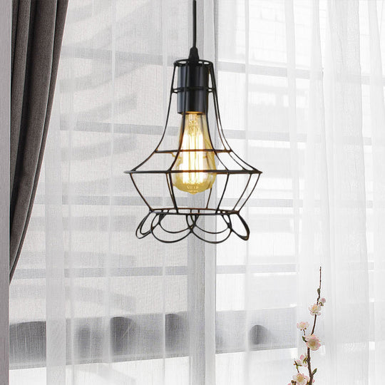 Industrial Metal Pendant Lighting With Height Adjustable Flower Cage Shade - Perfect For Bedroom