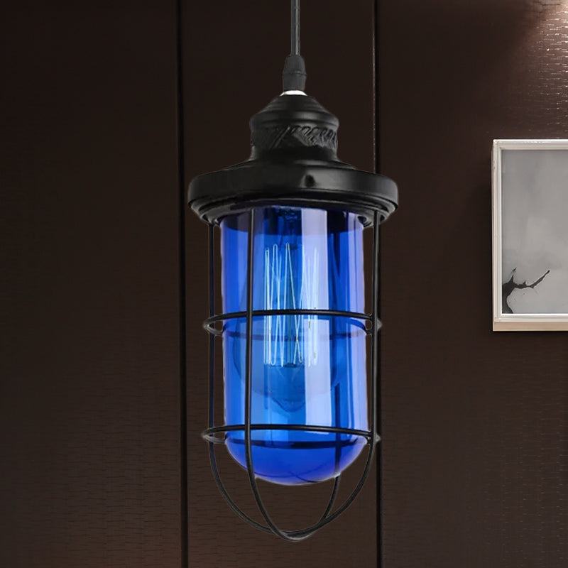 Vintage Glass Caged Pendant Light In Black - Single-Bulb Hanging Ceiling Fixture For Living Room