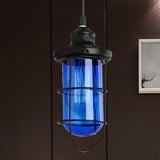 Vintage Black Single-Bulb Pendant Ceiling Light Fixture With Yellow/Green/Clear Glass Cage For
