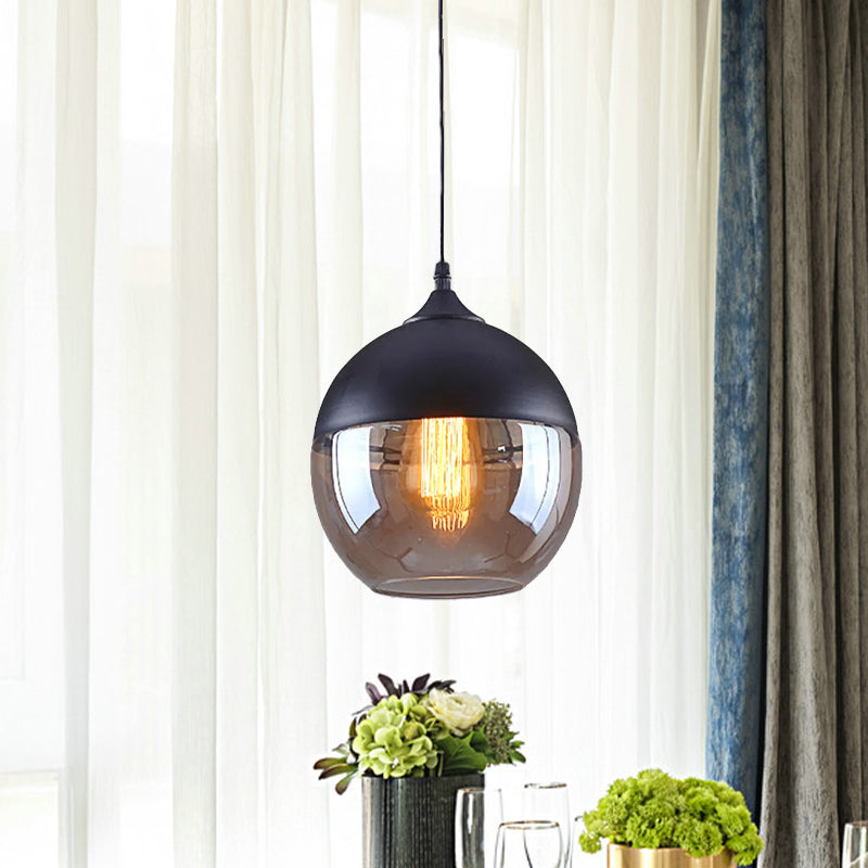 Industrial Cylinder Pendant Light With Brown Glass Shade - 1-Light Hanging Ceiling Fixture In Black