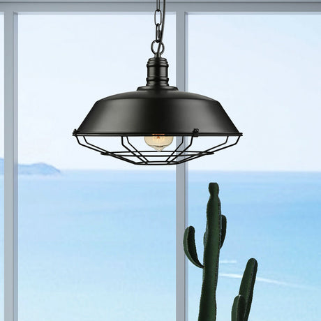 Industrial Wire Cage Pendant Light With Barn Shade - Black