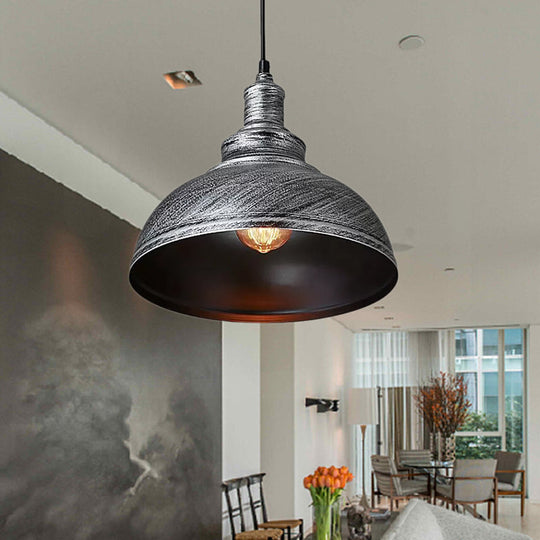 Adjustable Cord Pendant With Metal Dome Shade In Retro Black/Gray - 12’/14’/16’ W