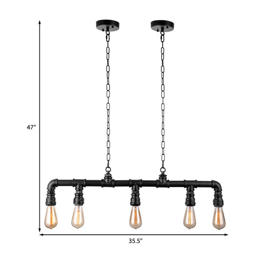 Farmhouse Style Linear Island Pendant Light With 5 Pipes In Black Metal
