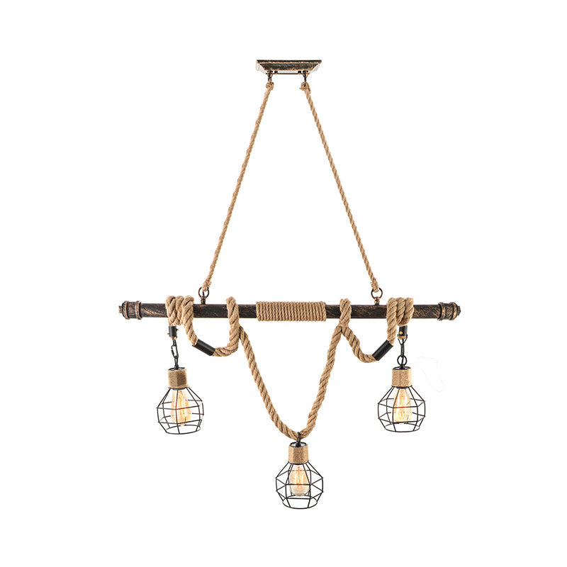 Vintage Style Globe Cage Island Lighting With 3 Heads Beige Metal And Rope Hanging Light For Dining