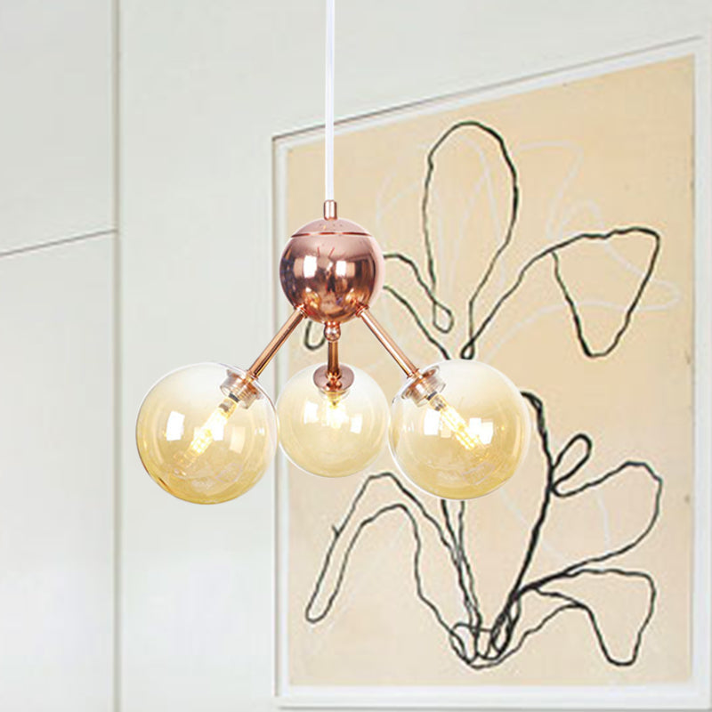 Vintage Copper Chandelier With Clear/Amber Glass Orb Shades - 3/9/12 Lights Branch Design