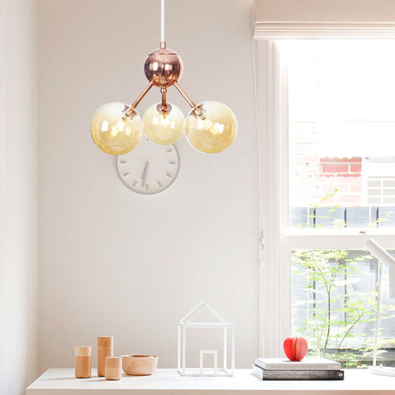 Vintage Copper Chandelier With Clear/Amber Glass Orb Shades - 3/9/12 Lights Branch Design