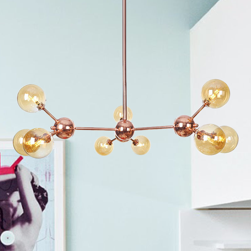 Vintage Copper Chandelier With Clear/Amber Glass Orb Shades - 3/9/12 Lights Branch Design
