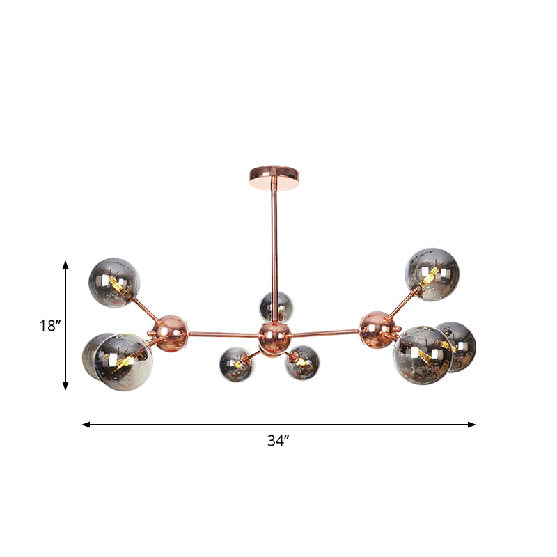 Vintage Copper Chandelier With Clear/Amber Glass Orb Shades - 3/9/12 Lights Branch Design