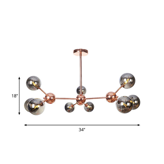 Vintage Copper Chandelier With Clear/Amber Glass Orb Shades - 3/9/12 Lights Branch Design