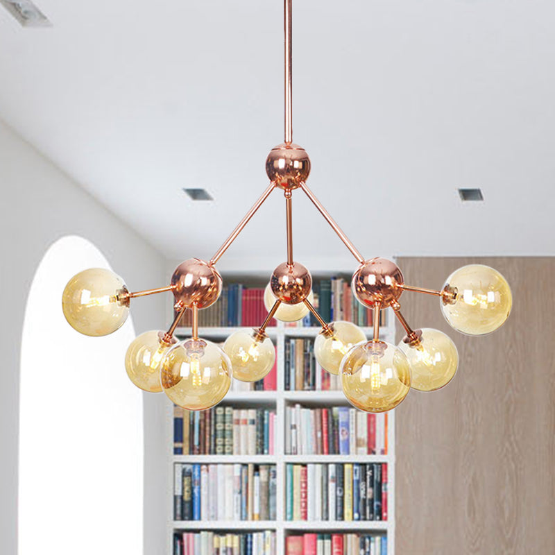 Vintage Copper Chandelier With Clear/Amber Glass Orb Shades - 3/9/12 Lights Branch Design