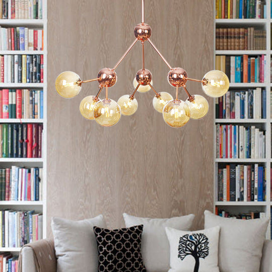 Vintage Copper Chandelier With Clear/Amber Glass Orb Shades - 3/9/12 Lights Branch Design