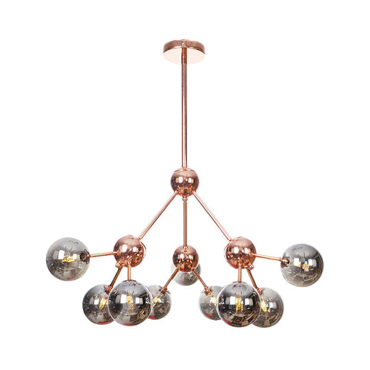 Vintage Copper Chandelier With Clear/Amber Glass Orb Shades - 3/9/12 Lights Branch Design