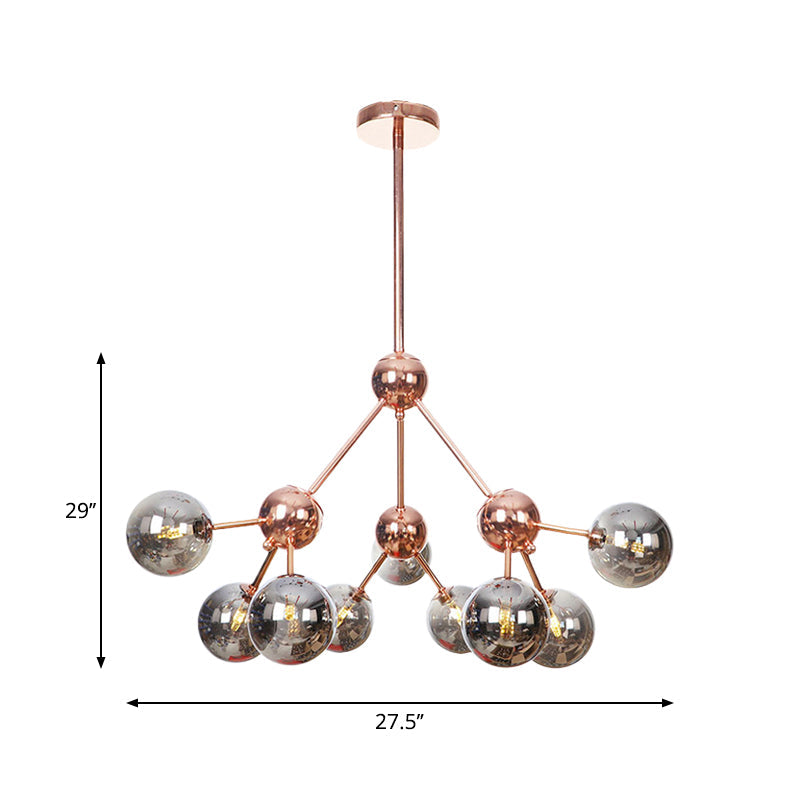 Vintage Copper Chandelier With Clear/Amber Glass Orb Shades - 3/9/12 Lights Branch Design