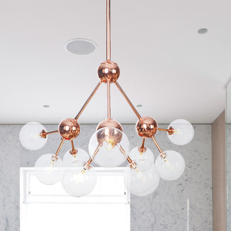 Vintage Copper Chandelier With Clear/Amber Glass Orb Shades - 3/9/12 Lights Branch Design