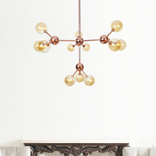 Vintage Copper Chandelier With Clear/Amber Glass Orb Shades - 3/9/12 Lights Branch Design