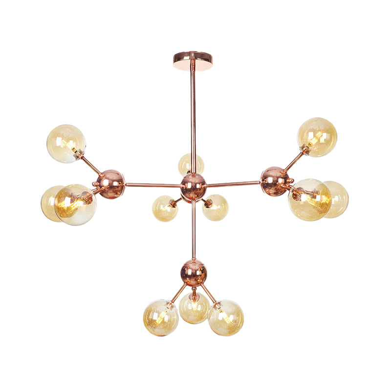 Vintage Copper Chandelier With Clear/Amber Glass Orb Shades - 3/9/12 Lights Branch Design