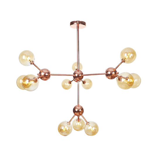 Vintage Copper Chandelier With Clear/Amber Glass Orb Shades - 3/9/12 Lights Branch Design