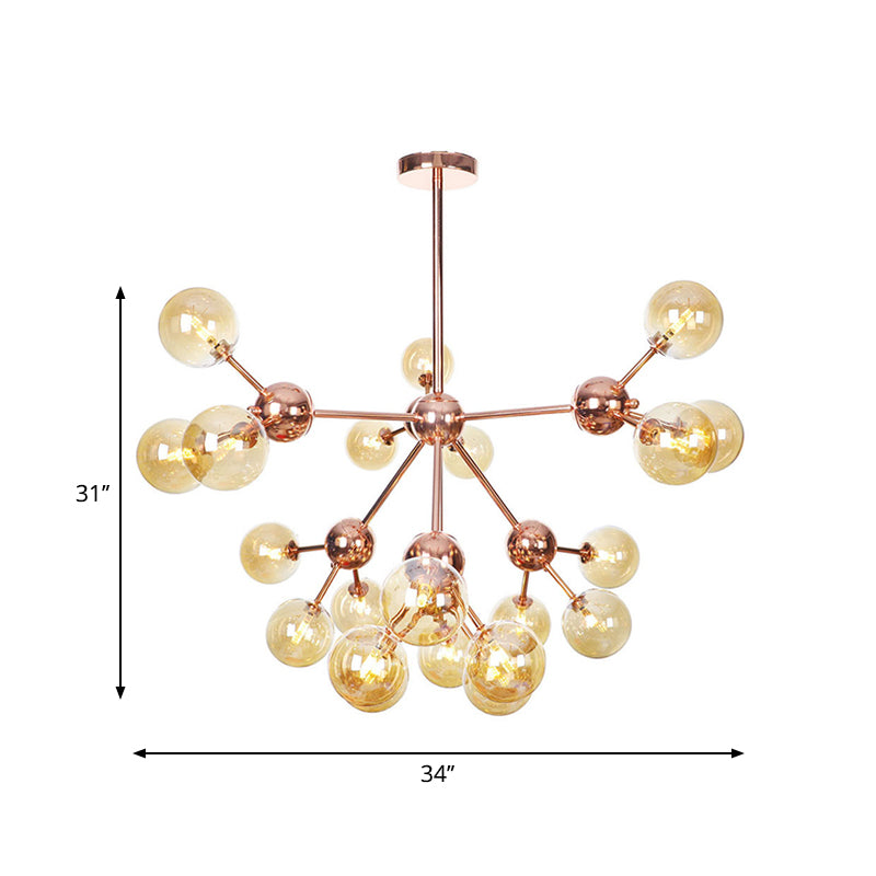 Vintage Copper Chandelier With Clear/Amber Glass Orb Shades - 3/9/12 Lights Branch Design