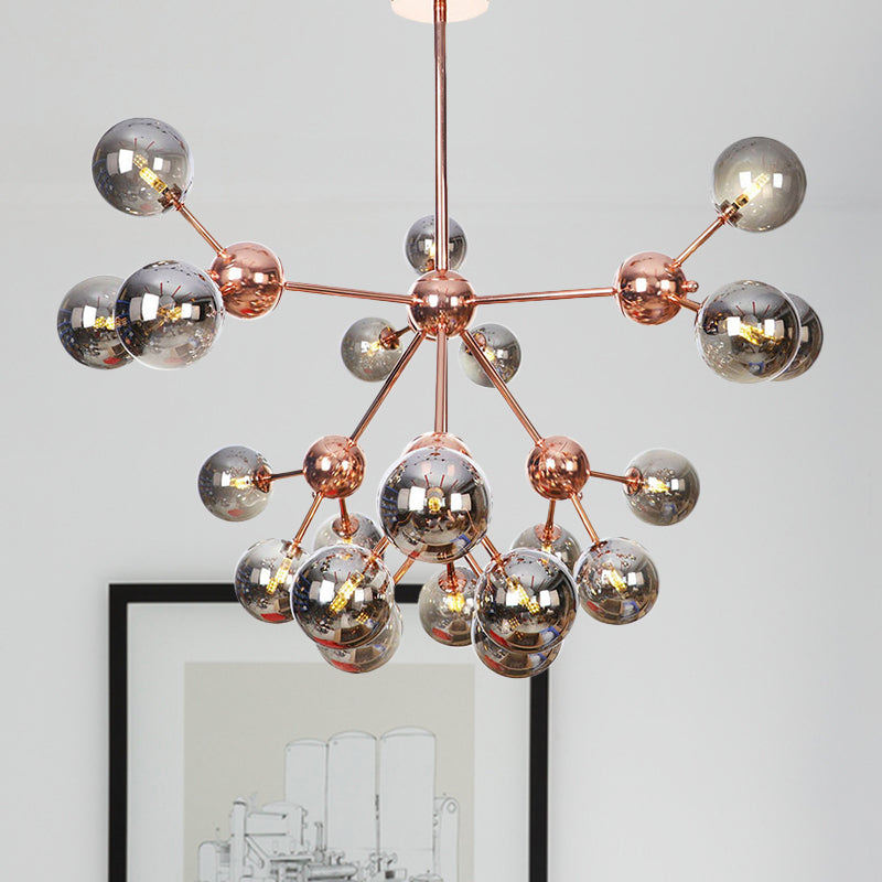 Vintage Copper Chandelier With Clear/Amber Glass Orb Shades - 3/9/12 Lights Branch Design