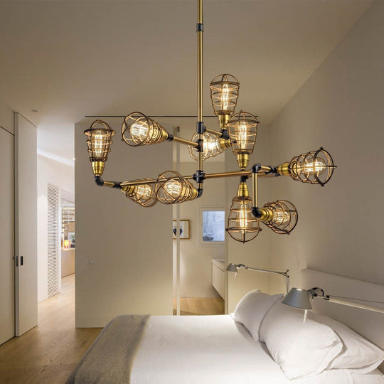 Vintage Loft Brushed Brass Metallic Pendant Lamp With Multi Light Caged Chandelier Design