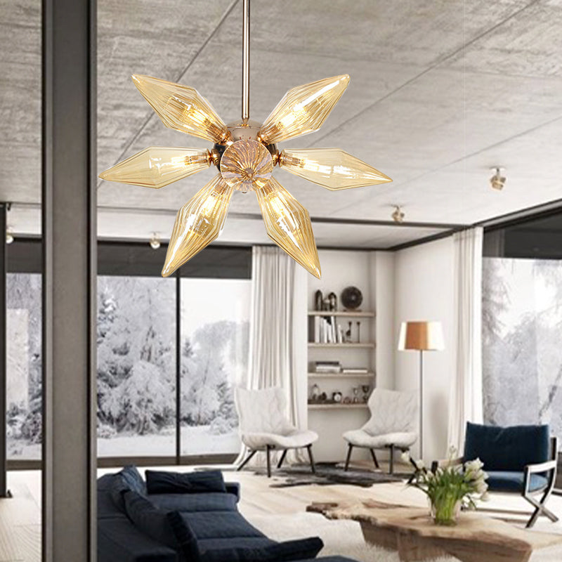 Lustre en verre transparent/ambre diamant - Luminaire suspendu de cuisine industrielle (têtes 9/12/15) en chrome/or