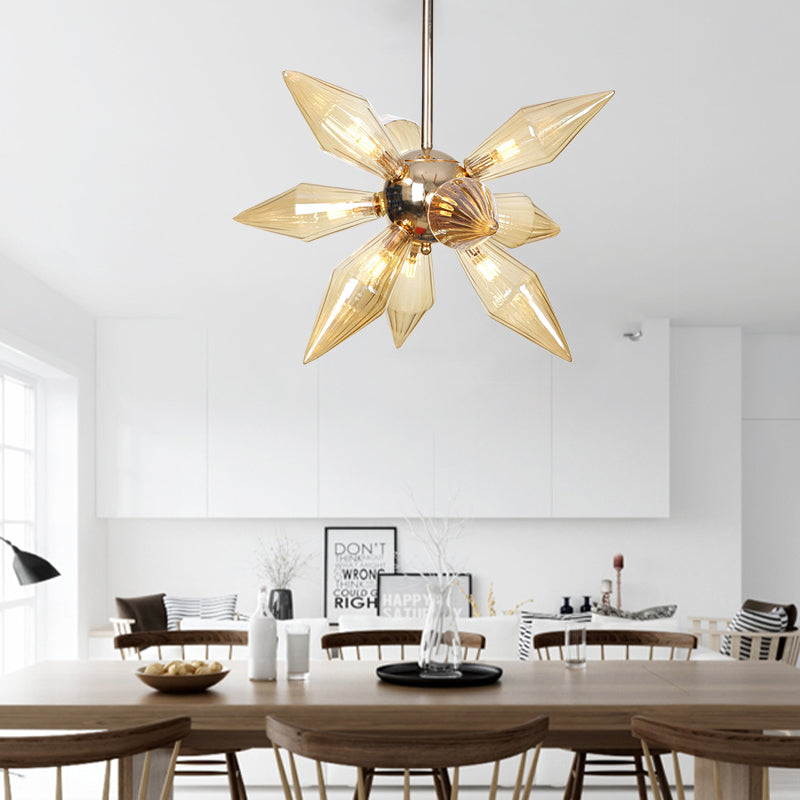 Lustre en verre transparent/ambre diamant - Luminaire suspendu de cuisine industrielle (têtes 9/12/15) en chrome/or