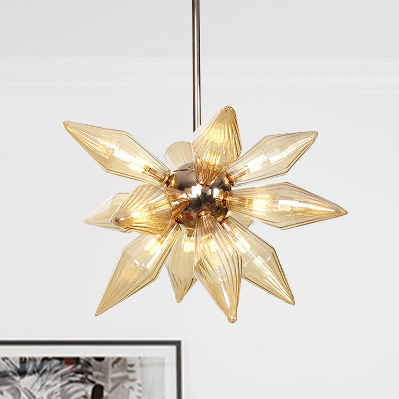 Lustre en verre transparent/ambre diamant - Luminaire suspendu de cuisine industrielle (têtes 9/12/15) en chrome/or