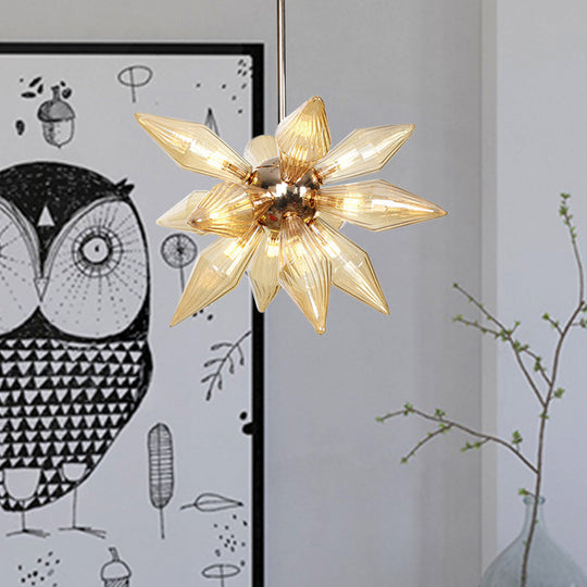 Lustre en verre transparent/ambre diamant - Luminaire suspendu de cuisine industrielle (têtes 9/12/15) en chrome/or