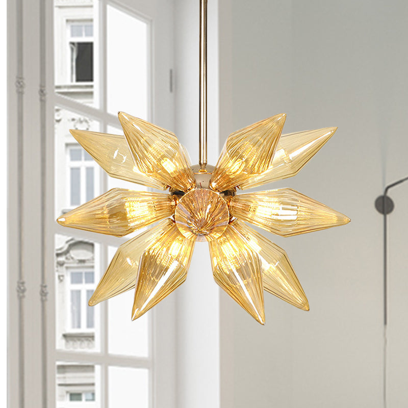 Lustre en verre transparent/ambre diamant - Luminaire suspendu de cuisine industrielle (têtes 9/12/15) en chrome/or