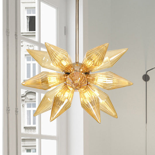 Lustre en verre transparent/ambre diamant - Luminaire suspendu de cuisine industrielle (têtes 9/12/15) en chrome/or