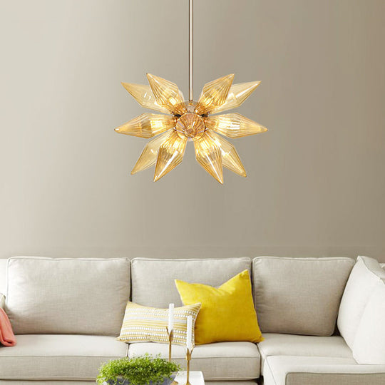 Lustre en verre transparent/ambre diamant - Luminaire suspendu de cuisine industrielle (têtes 9/12/15) en chrome/or