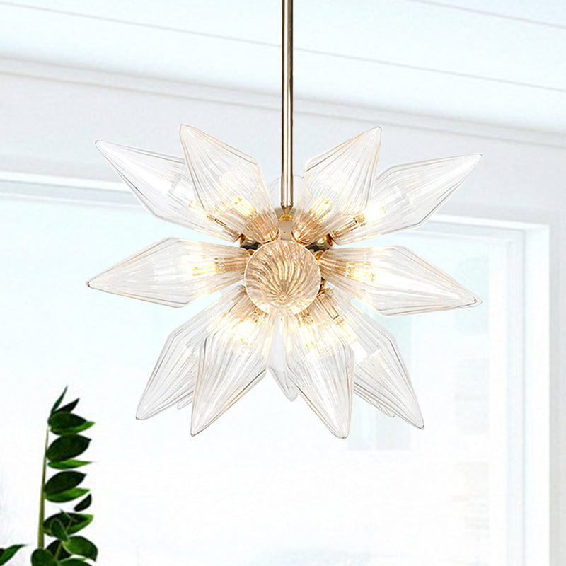 Lustre en verre transparent/ambre diamant - Luminaire suspendu de cuisine industrielle (têtes 9/12/15) en chrome/or