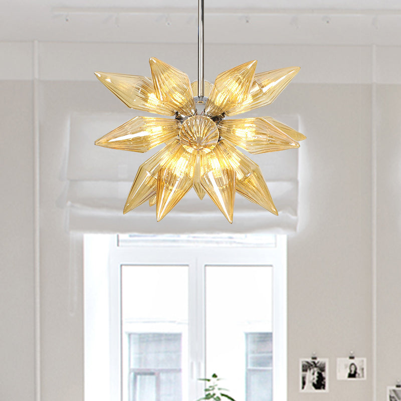 Lustre en verre transparent/ambre diamant - Luminaire suspendu de cuisine industrielle (têtes 9/12/15) en chrome/or