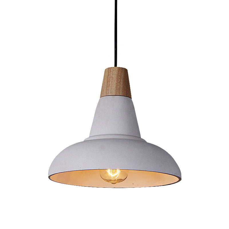 Industrial Style Cement And Wood Pendant Light With Grey/White Bowl Shade