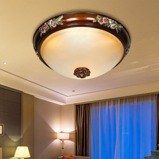 Frosted Glass Dome Shape Ceiling Flush Vintage Light Fixture With Blossom Design - Brown