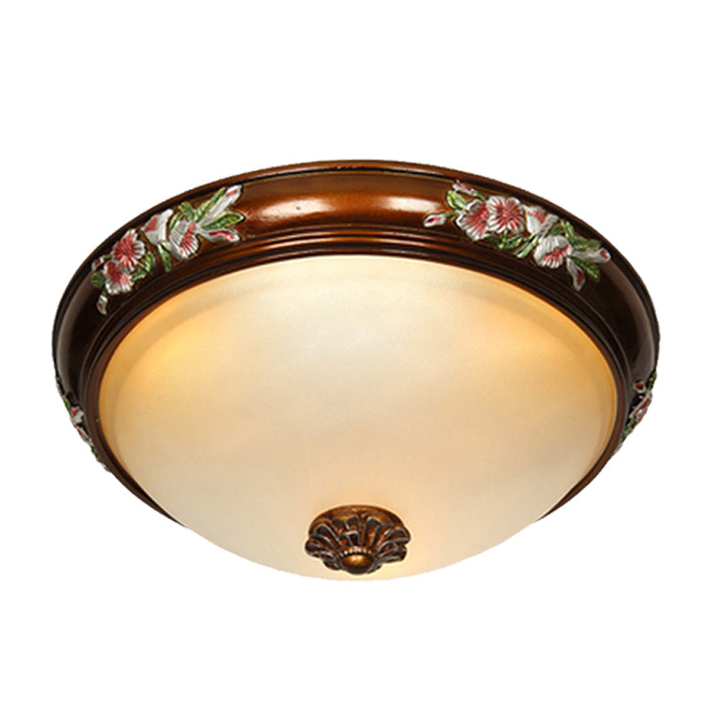Frosted Glass Dome Shape Ceiling Flush Vintage Light Fixture With Blossom Design - Brown