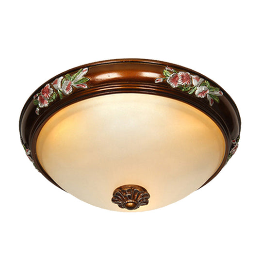 Frosted Glass Dome Shape Ceiling Flush Vintage Light Fixture With Blossom Design - Brown