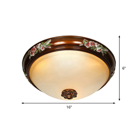 Frosted Glass Dome Shape Ceiling Flush Vintage Light Fixture With Blossom Design - Brown