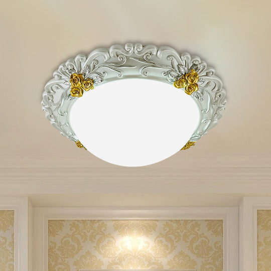 Milky Glass Led Ceiling Fixture - Traditional Semi-Orb Flush Mount Light With White And Gold/Brown