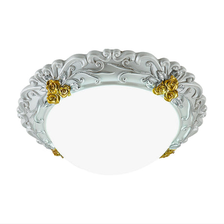 Milky Glass Led Ceiling Fixture - Traditional Semi-Orb Flush Mount Light With White And Gold/Brown